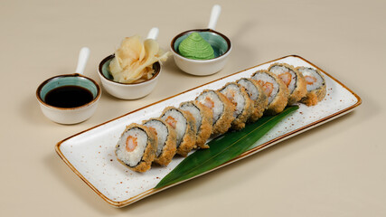 Sushi rolls on tray top view