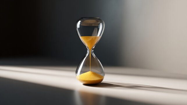 A sand timer is shown on a surface with light shining down from above it, casting shadows around the glass container and golden grains of sand inside