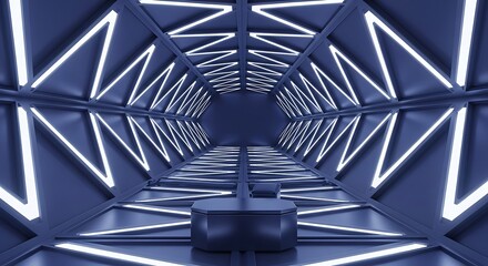 Futuristic blue tunnel with glowing neon lights and vr headset in the center