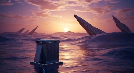 Futuristic portal in ocean at sunset with rock formations and cloudy sky