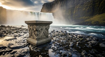 Stone podium on rocky shore with waterfall and mountain backdrop