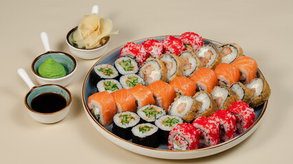 Sushi rolls on tray top view
