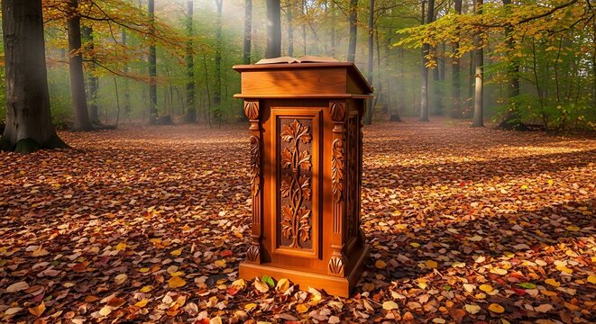 Wooden lectern stands alone in a forest clearing on a sunny autumn day