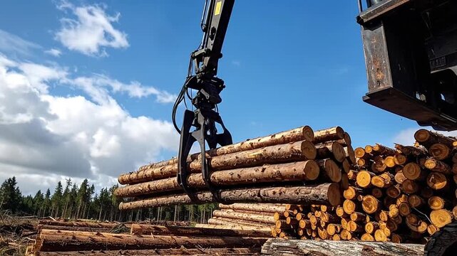 Heavy machinery logging operation, lifting a large stack of freshly cut timber logs in a forest clearing