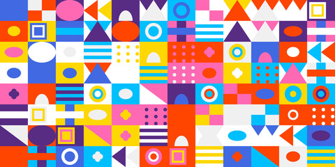 Vibrant abstract geometric pattern background with diverse colorful shapes like squares, circles, triangles, and ovals arranged in a modern mosaic style layout.