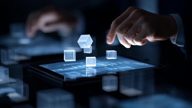 Medium shot of a professional using blockchain tech to enhance search security showcasing decentralized data verification on multiple digital devices.