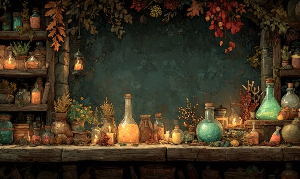 Ancient apothecary shelf displaying various bottles with glowing liquid potions, herbs, and candles, creating a mysterious, enchanting atmosphere