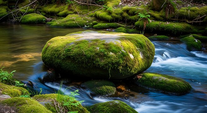 Moss covered rock in a stream with flowing water in the forest