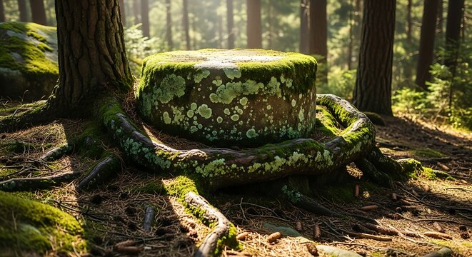 Mossy tree stump in a forest with roots and sunlight shining through trees - Powered by Adobe