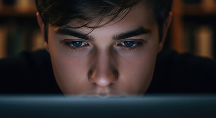 focused caucasian student face illuminated by laptop screen glow in dark library at night. online education, exam preparation and deadline concept. website header, banner.