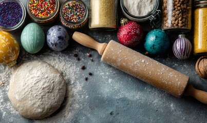 Baking preparations with kitchen tools, ingredients, and festive decorations for celebrating holiday season festivities and traditions