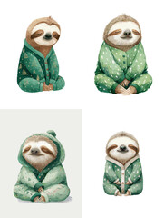 Naklejka premium Adorable watercolor sloths wearing green pajamas in soft relaxed poses. Perfect for children themes, cozy designs, nursery decor, greeting cards, and cute character illustrations.