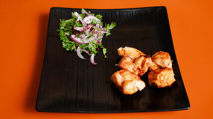 Delicious kebab plate isolated top view