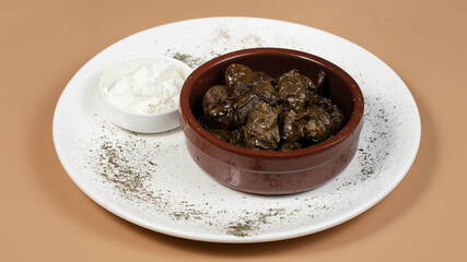 Delicious kebab plate isolated top view