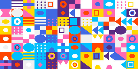 Vibrant geometric pattern with diverse shapes including circles, squares, triangles, stripes, and arrows, creating a dynamic abstract background