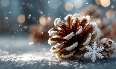 Frosted pinecone lying on snowy surface with detailed snowflake, falling snow, and bokeh lights in a festive december setting
