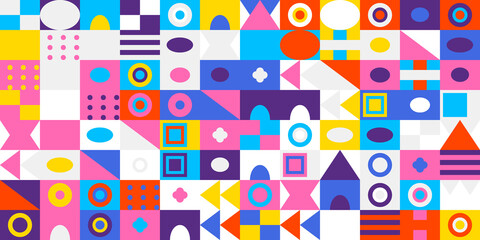 Colorful geometric pattern with abstract shapes in a vibrant mosaic grid, featuring circles, squares, triangles, and dots for a modern design background