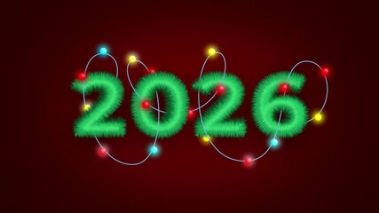 Horizontal 4K looped video. Glowing Christmas, New Year garland with blue, yellow bulbs on spruce branch, tinsel in shape of text 2026 on red background. Loop animation. Fluffy bold numbers 2, 0, 6 - Powered by Adobe