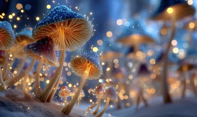 Fototapeta premium Magical mushrooms illuminating a dreamy forest floor with sparkling dust, creating an enchanting winter wonderland ambiance and festive spirit