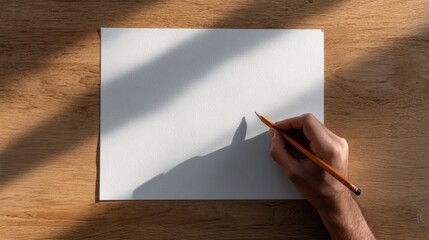 Creative shadow drawing with pencil on white paper on wooden table