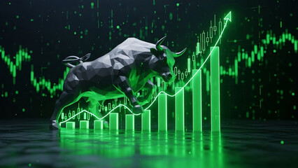 Digital Bull Statue and Stock Market Exchange Chart Futuristic Finance Technology and Bullish Trend Loop