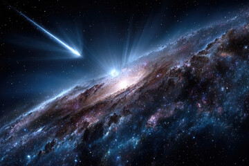 Fototapeta premium Comet streaks across a vibrant spiral galaxy