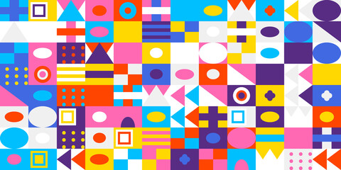 Vibrant multicolored geometric mosaic pattern featuring a dynamic arrangement of squares, circles, and triangles in a cheerful, playful composition.