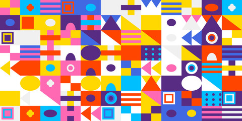 Colorful geometric abstract pattern background featuring a vibrant mosaic of various shapes and colors arranged in a modern grid design for art.