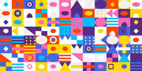 Colorful geometric abstract pattern background featuring a vibrant mosaic of various shapes and colors arranged in a modern grid design for art.