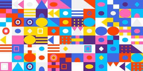 Colorful geometric abstract pattern background featuring a vibrant mosaic of various shapes and colors arranged in a modern grid design for art.