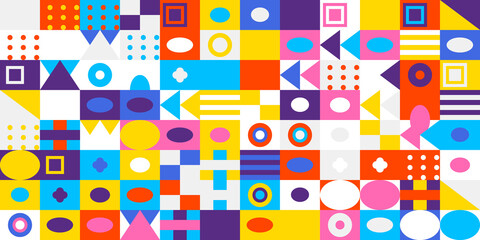 Colorful geometric abstract pattern background featuring a vibrant mosaic of various shapes and colors arranged in a modern grid design for art.