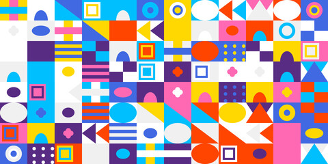 Colorful geometric abstract pattern background featuring a vibrant mosaic of various shapes and colors arranged in a modern grid design for art.