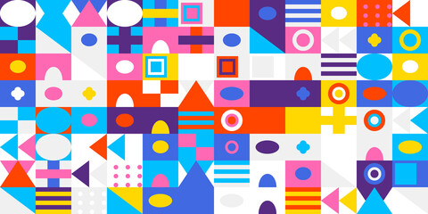 Colorful geometric abstract pattern background featuring a vibrant mosaic of various shapes and colors arranged in a modern grid design for art.
