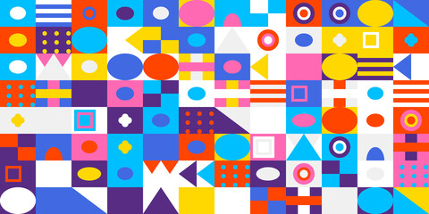 Colorful geometric abstract pattern background featuring a vibrant mosaic of various shapes and colors arranged in a modern grid design for art.