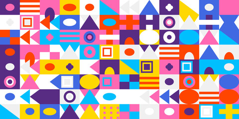 Colorful geometric abstract pattern background featuring a vibrant mosaic of various shapes and colors arranged in a modern grid design for art.