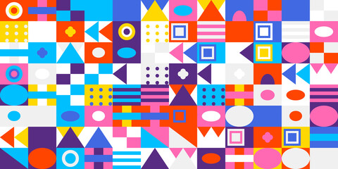 Colorful geometric abstract pattern background featuring a vibrant mosaic of various shapes