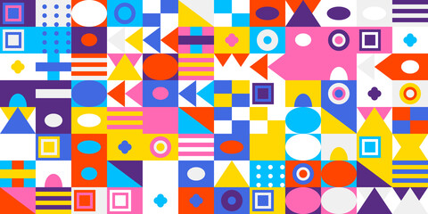 Colorful geometric abstract pattern background featuring a vibrant mosaic of various shapes