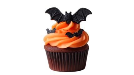 A festive Halloween chocolate cupcake with bright orange frosting and black bat decorations, isolated on a pure white background.