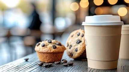 Close-up of a coffee cup with a muffin, and coffee beans on a wooden table in a cafe. Bokeh background.