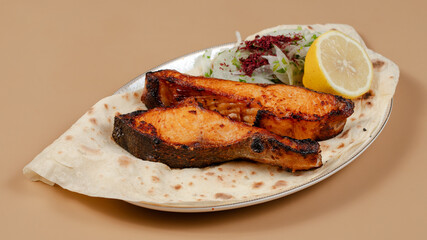 Delicious kebab plate isolated top view