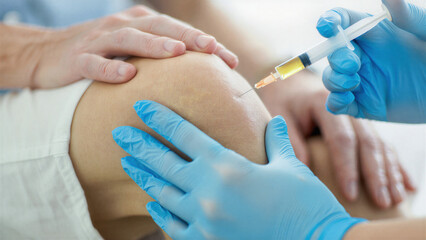 Injection procedure on knee for regenerative therapy, medical treatment with syringe, plasma therapy in orthopedics, prp injection for knee joint pain relief, minimally invasive health care approach