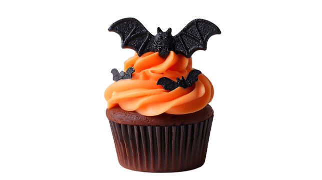 A festive Halloween chocolate cupcake with bright orange frosting and black bat decorations, isolated on a pure white background.