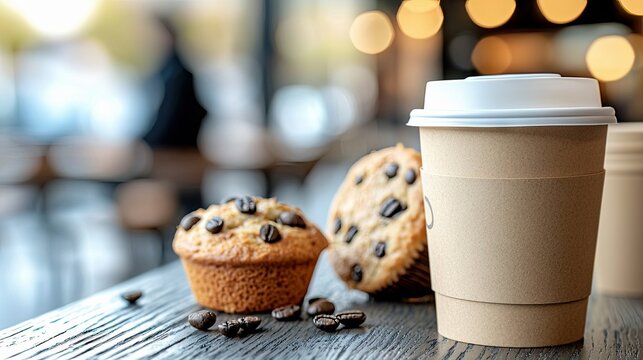 Close-up of a coffee cup with a muffin, and coffee beans on a wooden table in a cafe. Bokeh background. - Powered by Adobe