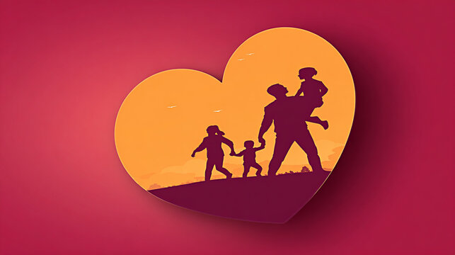 Family silhouettes inside a large heart shape on a vibrant gradient background, symbolizing love, togetherness, and connection in a warm and inviting atmosphere