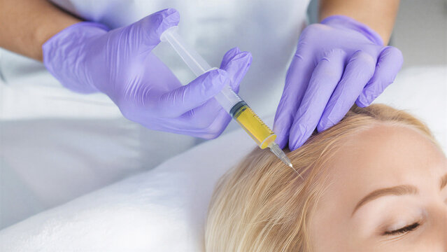PRP hair therapy procedure with syringe injection, autologous plasma treatment for hair restoration, professional aesthetic medical care, platelet-rich plasma benefits, non-surgical rejuvenation