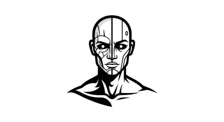 Stylized Robotic Human Head with Intense Gaze and Mechanical Features.