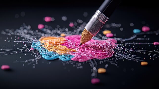 A paintbrush is shown painting abstract colorful art on a black background. The art is made of colorful paint and small white particles.