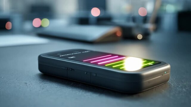 Medium shot capturing a compact multifunction paging device with notification icons glowing highlighting its alerting capabilities.