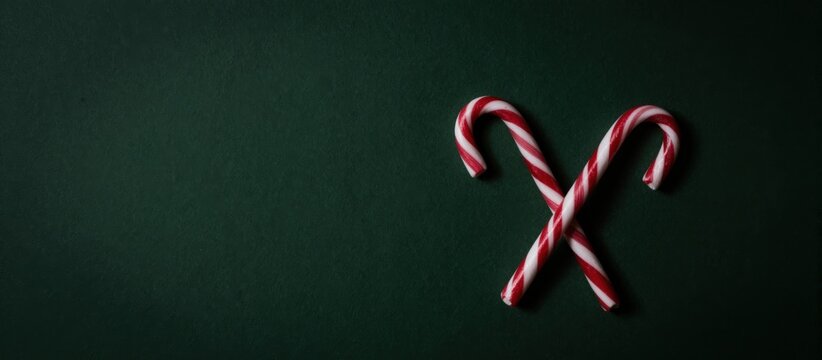 Christmas candy canes creating a festive cross design on green background