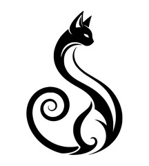 Fototapeta premium Elegant black cat illustration with a stylized, swirling tail design, embodying grace and mystery in a minimalist aesthetic